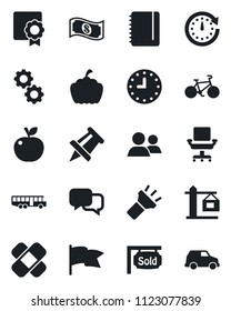 Set of vector isolated black icon - airport bus vector, notepad, drawing pin, pumpkin, patch, bike, clock, dialog, group, torch, sertificate, office chair, sold signboard, crane, apple fruit, gear