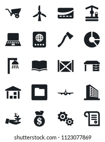 Set of vector isolated black icon - passport vector, plane, office building, book, desk, notebook pc, circle chart, wheelbarrow, well, axe, container, warehouse, folder, credit card, outdoor lamp