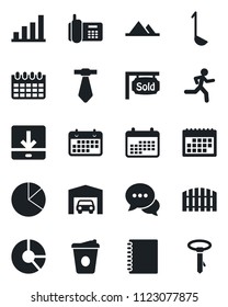 Set of vector isolated black icon - coffee vector, calendar, circle chart, run, office phone, term, dialog, download, copybook, bar graph, pie, mountains, garage, fence, sold signboard, ladle, tie