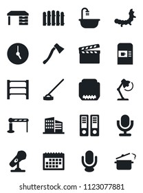 Set of vector isolated black icon - barrier vector, coffee machine, office binder, desk, fence, hoe, axe, caterpillar, rack, clapboard, microphone, hdmi, clock, calendar, lamp, building, bathroom