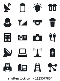 Set of vector isolated black icon - satellite antenna vector, camera, ladder, support, battery, rca, cellular signal, charge, printer, notebook pc, air conditioner, web, intercome, water filter