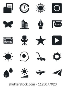 Set of vector isolated black icon - sun vector, lawn mower, butterfly, plane, folder document, play button, record, brightness, ink pen, office chair, rooms, building, omelette, water, police, clock