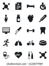 Set of vector isolated black icon - bed vector, heart pulse, monitor, diagnosis, molecule, dropper, thermometer, pills, ampoule, barbell, bike, run, disabled, lungs, real, tooth, pregnancy