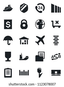 Set of vector isolated black icon - earth vector, plane, traffic light, 24 hours, sea shipping, receipt, clipboard, folder document, fragile, umbrella, no trolley, tulip, warehouse, sorting, shield