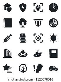 Set of vector isolated black icon - radar vector, office building, pennant, tree, sun, syringe, favorites list, protect, eye id, copybook, pie graph, book, pond, sweet home, fingerprint, water, car