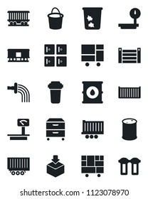 Set of vector isolated black icon - trash bin vector, checkroom, bucket, watering, railroad, truck trailer, cargo container, consolidated, package, oil barrel, heavy scales, archive box