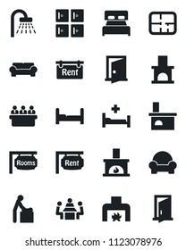 Set of vector isolated black icon - baby room vector, shower, checkroom, meeting, fireplace, hospital bed, plan, rent, rooms, bedroom, cushioned furniture, door
