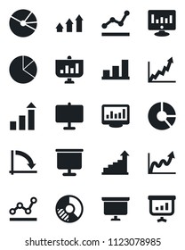 Set of vector isolated black icon - growth statistic vector, presentation board, crisis graph, monitor, circle chart, statistics, bar, pie, point, arrow up