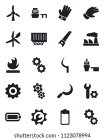 Set of vector isolated black icon - gear vector, factory, glove, saw, sickle, truck trailer, sea port, flammable, battery, root setup, windmill