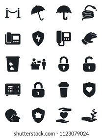 Set of vector isolated black icon - fence vector, passport control, umbrella, trash bin, safe, glove, hose, heart shield, hand, protect, lock, intercome, water filter, home, palm sproute