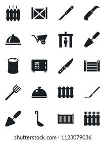 Set of vector isolated black icon - security gate vector, safe, trowel, farm fork, wheelbarrow, garden knife, scalpel, cargo container, oil barrel, heater, dish, ladle, radiator