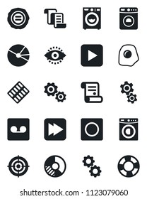 Set of vector isolated black icon - washer vector, contract, circle chart, stamp, pills blister, play button, fast forward, record, eye id, pie graph, target, omelette, gear, crisis management