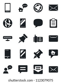 Set of vector isolated black icon - mobile phone vector, mail, office, network, cell, speaker, paper pin, message, clipboard, reserved, home