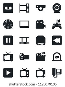 Set of vector isolated black icon - ticket office vector, clapboard, film frame, reel, tv, gamepad, video camera, play button, pause, rewind, hdmi, record, web, intercome