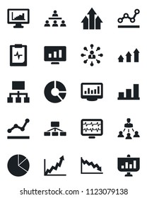 Set of vector isolated black icon - hierarchy vector, statistic monitor, circle chart, pulse, clipboard, statistics, bar graph, pie, point, arrow up, growth, crisis, presentation