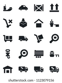 Set of vector isolated black icon - sea shipping vector, truck trailer, car delivery, port, container, cargo, warehouse storage, up side sign, no trolley, hook, package, search, moving
