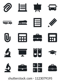 Set of vector isolated black icon - airport bus vector, checkroom, book, graduate, presentation board, microscope, calculator, case, paper clip, abacus, pencil, stapler
