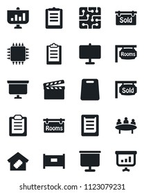 Set of vector isolated black icon - fence vector, presentation board, meeting, clipboard, clapboard, rooms, sold signboard, smart home, cutting, chip