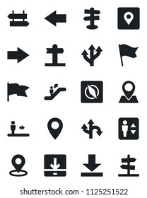Set of vector isolated black icon - elevator vector, escalator, signpost, right arrow, left, route, pin, download, place tag, compass, flag, guidepost