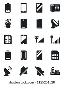 Set of vector isolated black icon - mobile phone vector, virus, satellite antenna, cell, low battery, back, sim, mute, cellular signal, office