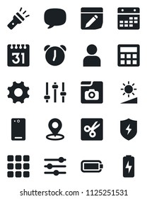 Set of vector isolated black icon - phone back vector, menu, message, protect, settings, tuning, user, calculator, alarm, calendar, notes, torch, brightness, cut, place tag, photo gallery, battery