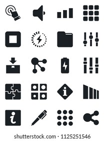 Set of vector isolated black icon - package vector, sorting, settings, touch screen, stop button, menu, folder, charge, application, pen, sound, information, social media