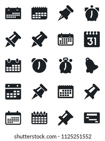 Set of vector isolated black icon - alarm clock vector, drawing pin, calendar, term, paper, bell, schedule