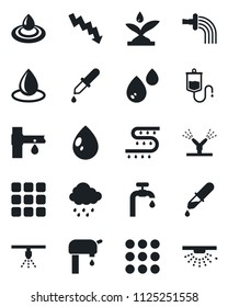 Set of vector isolated black icon - crisis graph vector, watering, water drop, rain, drip irrigation, dropper, menu, supply, sprinkler