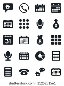 Set of vector isolated black icon - calendar vector, circle chart, microphone, menu, calculator, phone, home message, money bag