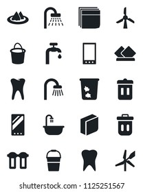 Set of vector isolated black icon - trash bin vector, shower, bucket, tooth, mobile, blank box, water supply, bathroom, serviette, filter, windmill