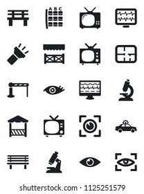 Set of vector isolated black icon - barrier vector, tv, alarm car, seat map, bench, monitor pulse, microscope, eye, torch, plan, alcove, scan