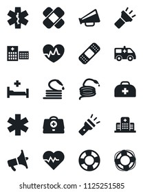 Set of vector isolated black icon - hose vector, heart pulse, doctor case, patch, ambulance star, car, hospital bed, loudspeaker, torch, crisis management