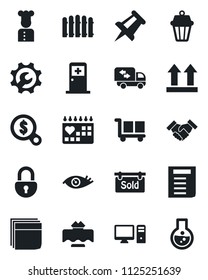 Set of vector isolated black icon - medical room vector, document, drawing pin, fence, eye, calendar, cargo, up side sign, lock, root setup, blank box, handshake, sold signboard, moving, cook, pc
