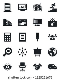 Set of vector isolated black icon - bomb in case vector, hierarchy, team, presentation board, plant label, earth, cash, truck trailer, clipboard, search cargo, eye id, calendar, monitor statistics