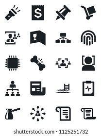 Set of vector isolated black icon - hierarchy vector, drawing pin, broken bone, pulse clipboard, receipt, cargo, torch, face id, fingerprint, news, hr, pool, wine card, turkish coffee, chip