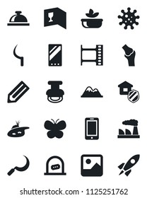Set of vector isolated black icon - reception bell vector, ticket office, mobile phone, factory, pencil, butterfly, sickle, joint, virus, film frame, gallery, stamp, pond, mountains, wine card