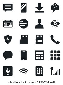 Set of vector isolated black icon - mobile tracking vector, term, cell phone, call, menu, message, protect, user, calculator, sd, sim, network, download, wireless, eye id, cellular signal