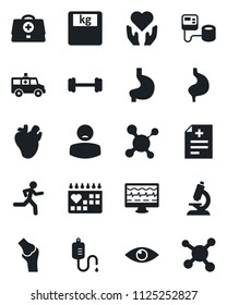 Set of vector isolated black icon - monitor pulse vector, doctor case, diagnosis, molecule, blood pressure, dropper, microscope, scales, ambulance car, barbell, run, heart hand, stomach, real, eye