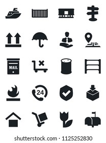 Set of vector isolated black icon - signpost vector, navigation, 24 hours, client, sea shipping, cargo container, umbrella, warehouse storage, up side sign, no trolley, tulip, package, shield, rack