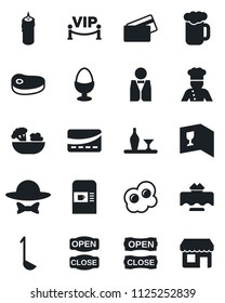 Set of vector isolated black icon - coffee machine vector, waiter, cook, alcohol, restaurant table, wine card, beer, salad, egg stand, candle, vip zone, dress code, open close, credit, steak, ladle