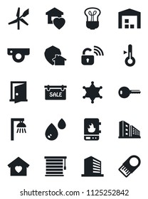 Set of vector isolated black icon - office building vector, warehouse, sale, key, sweet home, wireless lock, water heater, web camera, thermometer, bulb, outdoor lamp, jalousie, protect, police