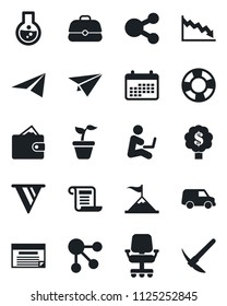 Set of vector isolated black icon - seedling vector, motivation, wallet, pennon, crisis, office chair, calendar, flask, case, car, paper plane, schedule, social media, management, contract