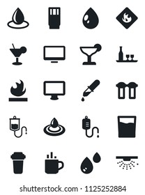 Set of vector isolated black icon - hot cup vector, water drop, dropper, flammable, monitor, alcohol, drink, cocktail, filter, sprinkler