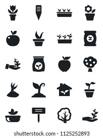 Set of vector isolated black icon - flower in pot vector, seedling, tree, sproute, plant label, fertilizer, fruit, salad, apple, eco house, palm