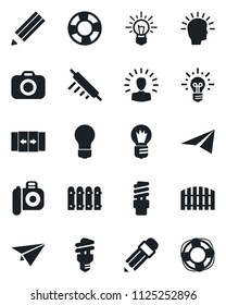 Set of vector isolated black icon - automatic door vector, bulb, camera, pencil, fence, rolling pin, energy saving, shining head, idea, paper plane, crisis management