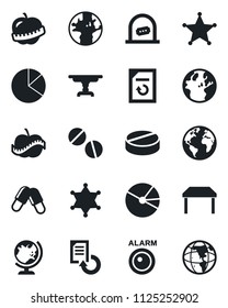 Set of vector isolated black icon - ticket office vector, globe, document reload, pills, diet, earth, pie graph, table, police, alarm led