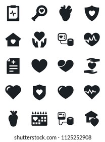 Set of vector isolated black icon - heart vector, pulse, diagnosis, blood pressure, diagnostic, shield, hand, real, medical calendar, clipboard, sweet home