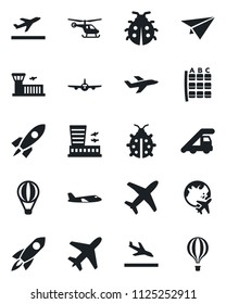 Set of vector isolated black icon - plane vector, departure, arrival, ladder car, helicopter, seat map, globe, airport building, lady bug, rocket, paper, air balloon