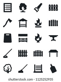 Set of vector isolated black icon - fence vector, tree, saw, fire, hoe, axe, abacus, table, alcove, cutting board