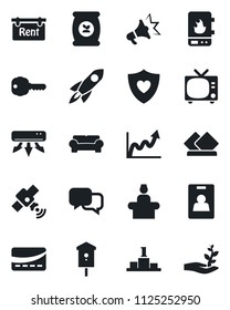 Set of vector isolated black icon - tv vector, reception, bird house, fertilizer, heart shield, satellite, dialog, identity card, rent, key, cushioned furniture, air conditioner, credit, serviette